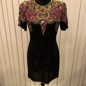 Laurence Kazar Silk Sequins Beaded Cocktail Dress Petite Small